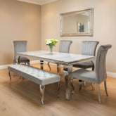 Grey Louis Chrome Dining Table With Light Grey Nicole Chairs and Bench