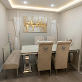 Cream Ariana Round Legs Marble Dining Table with Mink Sofia Chairs + Bench