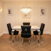 White Louis Dining Table With Black Valencia Chairs