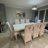 White Louis Dining Table With Pink Sofia Chairs