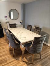White Louis Dining Table With Dark Grey Round Knocker Majestic Chairs