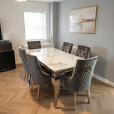 White Louis Dining Table With Dark Grey Round Knocker Majestic Chairs