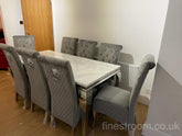 White Louis Dining Table With Dark Grey Sofia Chairs
