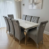 White Louis Dining Table With Dark Grey Sofia Chairs