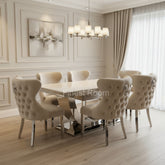 Cream Arial Marble Dining Table with Mink Valentino Chairs