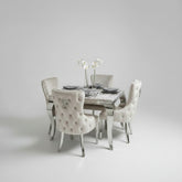 Grey Louis Chrome Dining Table With Silver Lion Knocker Victoria Chairs