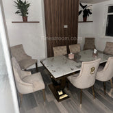 Pandora Gold Ariana Dining Table With Mink Majestic Lion Knocker Chairs