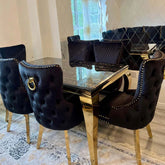 Black & Gold Louis Marble Dining Table & Black Victoria Knockerback Chairs - Finestroom