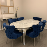 Grey Round Louis Dining Table With Navy Valentino Chairs