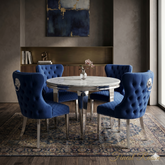 Grey Round Louis Dining Table With Navy Valentino Chairs