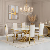 White Aura Gold Dining Table With White Flora Chairs