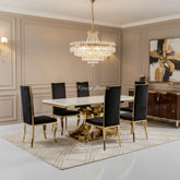 White Aura Gold Dining Table with Black Gold Flora Chairs