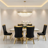 White Aura Gold Table with Black Samara Gold Chairs