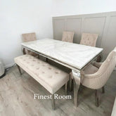 White Louis Dining Table With Mink Majestic Chairs & Bench