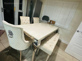 Cream Louis chrome Dining Table with Mink Majestic Chairs & Bench