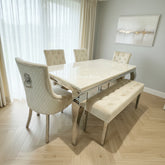 Cream Louis chrome Dining Table with Mink Majestic Chairs & Bench