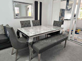 Light Grey Louis Dining Table With DG Leather Majestic Chairs & Bench