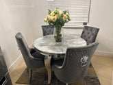 1.1M Grey Round Louis Dining Table With Dark Grey Majestic Chairs