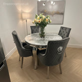 1.1M Grey Round Louis Dining Table With Dark Grey Majestic Chairs