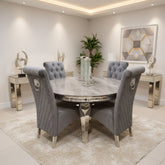1.3 Grey Round Louis Dining Table With Dark Grey Sofia Chairs