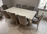 White Louis Dining Table With Dark Grey Valencia Chairs