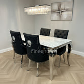 White Louis Dining Table With Black Leather Majestic Chairs