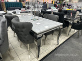 White Louis Dining Table With Dark Grey Leather Valentino Chairs