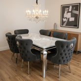 White Louis Dining Table With Dark Grey Leather Valentino Chairs