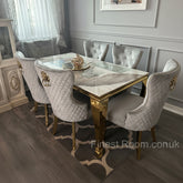 Pandora Gold Louis Dining Table With Light Grey Gold Majestic Chairs