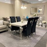 White Louis Dining Table With Black Sofia Chairs