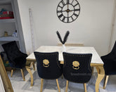 White Gold Louis Dining Table With Black Gold Lion Knocker Majestic Chairs