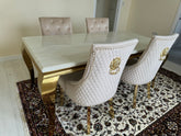 Cream Gold Louis Dining Table with Mink Gold Lion Knocker Majestic Chairs