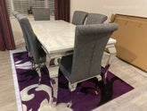 White Louis Dining Table With Dark Grey Leather Nicole Chairs