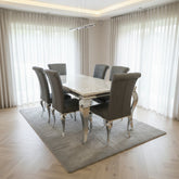 White Louis Dining Table With Dark Grey Leather Nicole Chairs