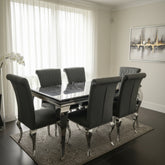 Black Louis Dining Table with Dark Grey Leather Nicole Chairs
