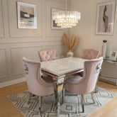 White Louis Dining Table With Pink Megan Chairs