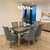 Black Louis Dining Table With Dark Grey Majestic Chairs