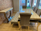White Louis Dining Table With Light Grey Nicole Chairs & Bench