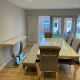 White Louis Dining Table With Light Grey Nicole Chairs & Bench