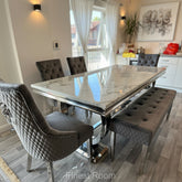 White Ariana Dining Table With Dark Grey Majestic Chairs & Bench