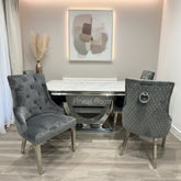 White Arial Dining Table With Dark Grey Round Knocker Majestic Chairs