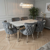 White Louis Dining Table with Dark Grey Valentino Chairs