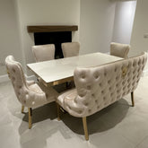 White Elina Gold Table with Victoria Cream Gold LK Chairs & High Back Bench