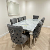 Grey Louis Dining Table With Dark Grey Victoria Ring Knocker Chairs