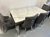 White Louis chrome Dining Table With Dark Grey Valencia Chairs