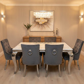 White Louis chrome Dining Table With Dark Grey Valencia Chairs