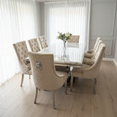 White Arial Dining Table With Mink Majestic Lion Knocker Chairs