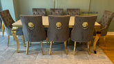 White Louis Gold Table With Grey Majestic Gold Lion Knocker Chairs
