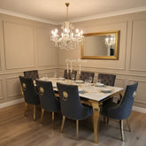 White Louis Gold Table With Grey Majestic Gold Lion Knocker Chairs