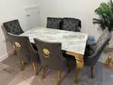 Grey Louis Gold Dining Table With Grey Majestic Gold Lion Knocker Chairs